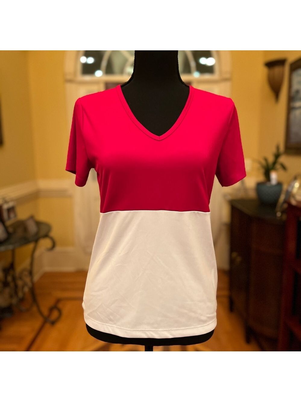 Izod V Neck Red and White Color Block Dry Fit Tee